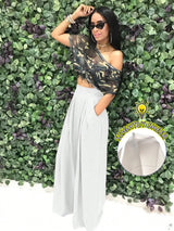 Women's Plain Plicated Pocket Wide Leg Pants