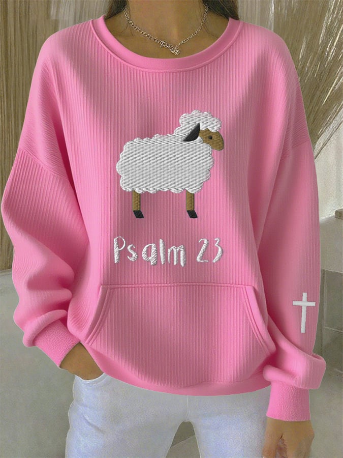 Women's Autumn Book of Songs No. 23 Little Lamb Print Casual Crew Neck Top