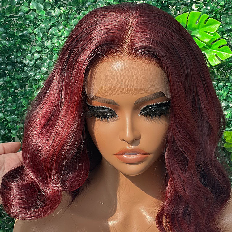 QVR 99J Burgundy Color Hair Short Bob Wigs Body Wave Human Hair Wigs Short Lace Wigs