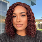 QVR Reddish Brown Water Wave C Lace Glueless Left Part Short Bob Wigs