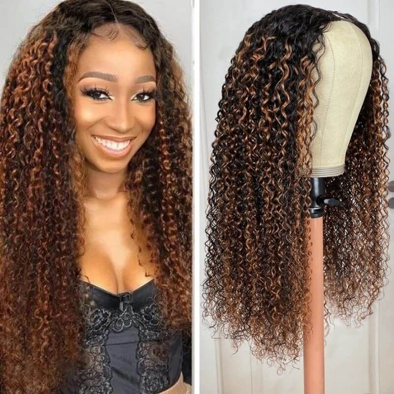 QVR Glueless Curly V Part Wig Balayage Highlights Beginner Friendly Upgrade U Part Wig