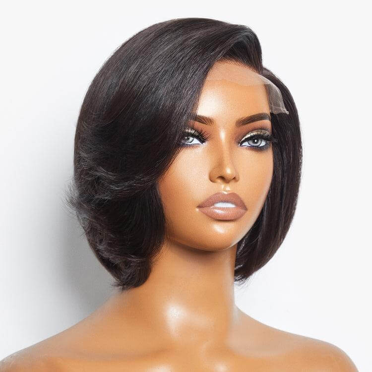 QVR Mature Boss Style Glueless Wide C Lace Bob Wig With Swept Bangs