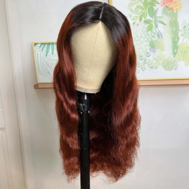 QVR Glueless Ombre Reddish Brown Color Glueless V Part Body Wave Wigs 1B/33 Human Hair Wigs WIth Dark Roots