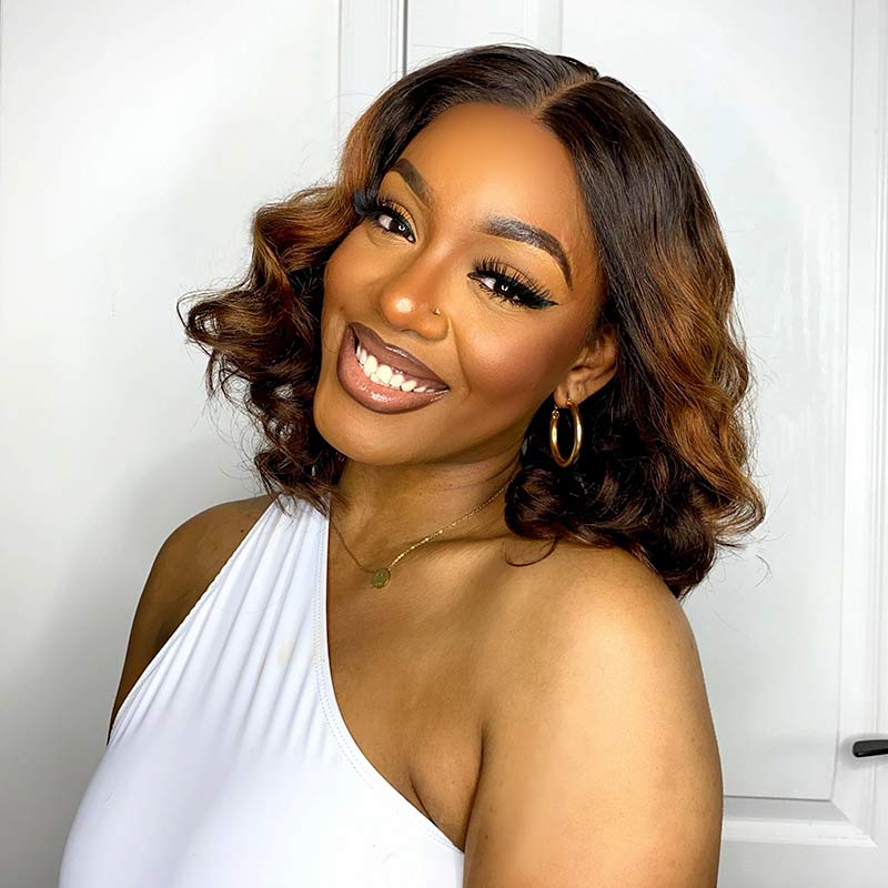 QVR Loose Wave 13x4x1 T part Lace Ombre Brown Human Hair Wigs Glueless Short Bob Wig