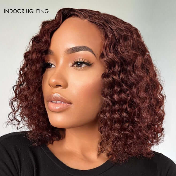 QVR Reddish Brown Water Wave C Lace Glueless Left Part Short Bob Wigs