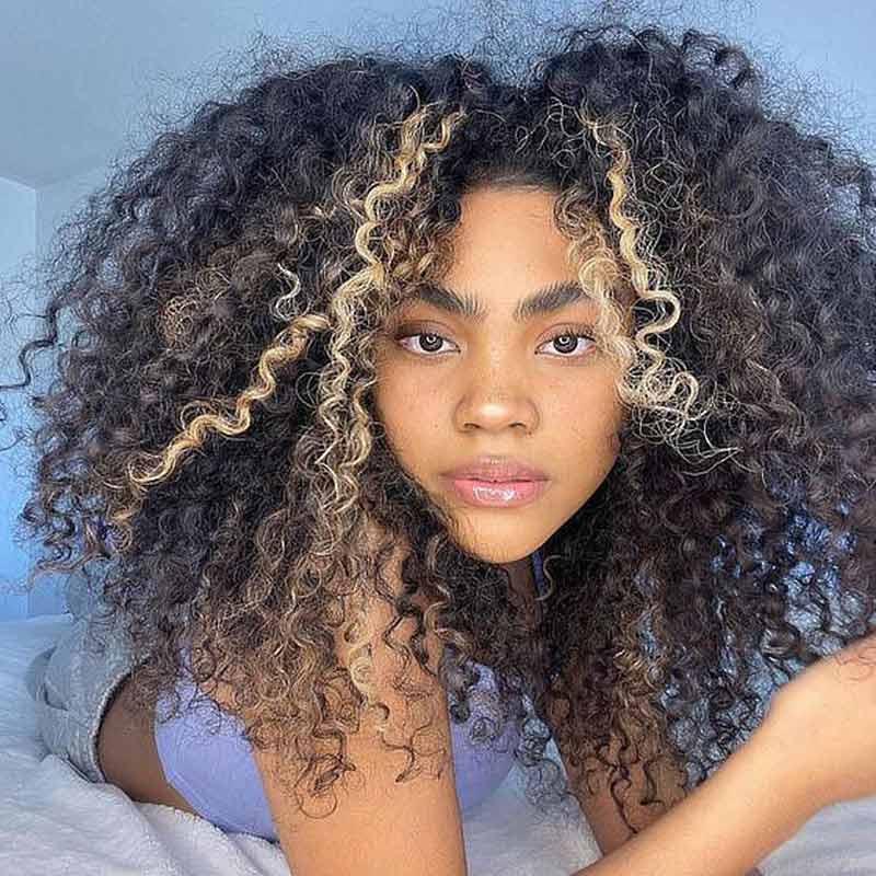 QVR Glueless Pre-cut Balayage 13x4 Lace Frontal Curly Edge Kinky Curly Wigs Black and blonde Highlights Human Hair Wigs