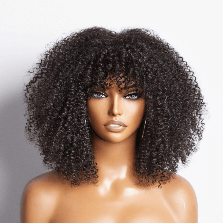 QVR Bouncy Curly Minimum Lace Short Bob Wigs Human Hair With Bangs