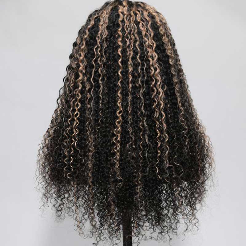 QVR Glueless Pre-cut Balayage 13x4 Lace Frontal Curly Edge Kinky Curly Wigs Black and blonde Highlights Human Hair Wigs