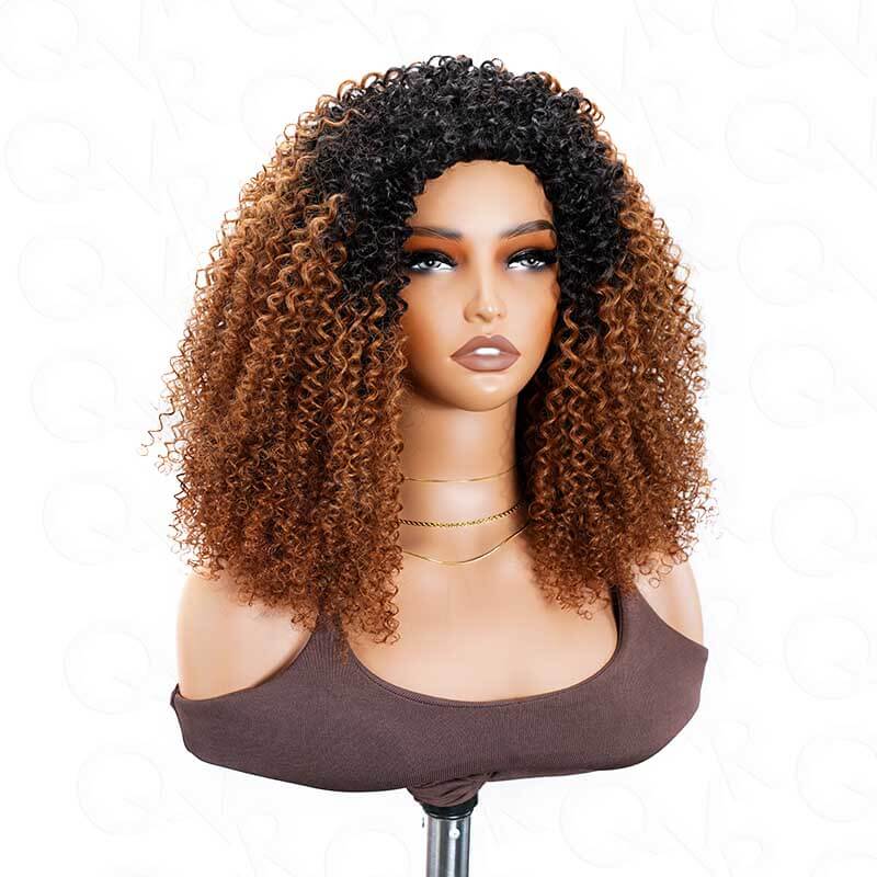 QVR Glueless Ombre Brown Kinky Curly Half Wig 250% Density Human Hair Wig #T2/30 Wear Go Flip Over Wig