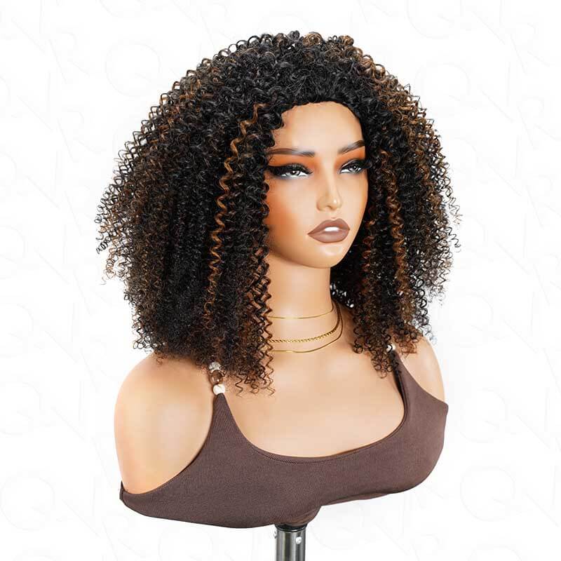 QVR Glueless Ombre Brown Kinky Curly Half Wig 250% Density Human Hair Wig #T2/30 Wear Go Flip Over Wig