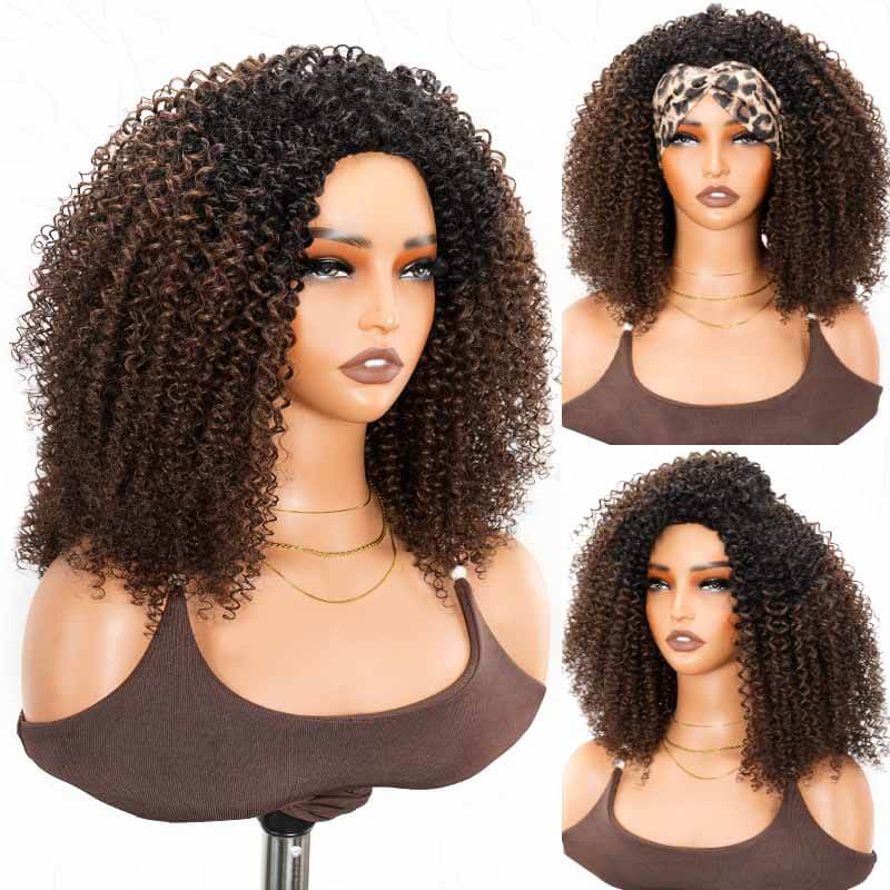 QVR Glueless Dark Brown Kinky Curly Half Wig with Black Roots 250% Density Human Hair Wig #T1B/4 Wear Go Flip Over Wig