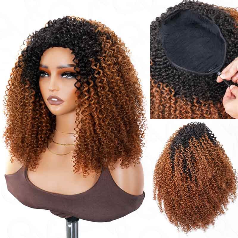 QVR Glueless Highlight Brown Kinky Curly Half Wig 250% Density Human Hair Wig #1B/30 Wear Go Flip Over Wig
