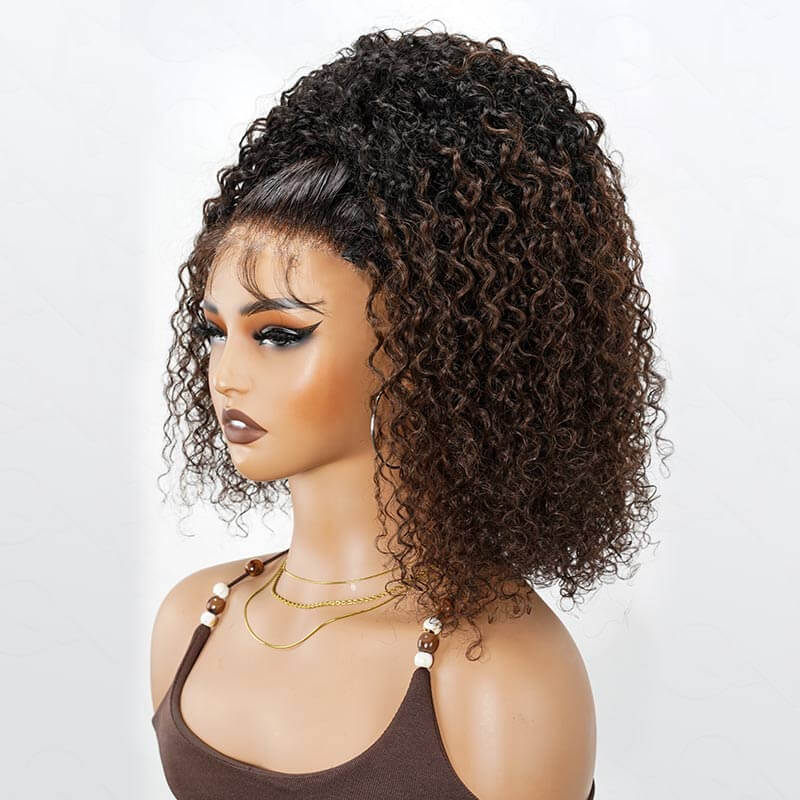 QVR Glueless Dark Brown Twist Curly Half Wig with Black Roots 250% Density Human Hair Wig #T1B/4 Wear Go Flip Over Wig