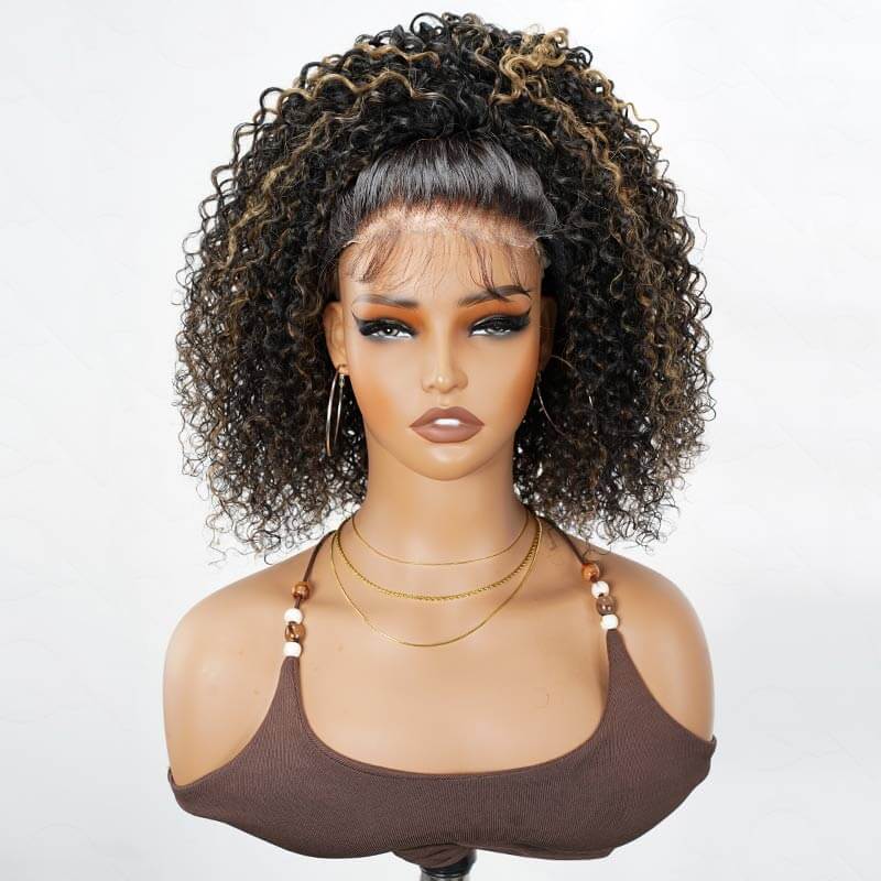 QVR Glueless Blonde Highlight Twist Curly Half Wig 250% Density Human Hair Wig #1B/27 Wear Go Flip Over Wig