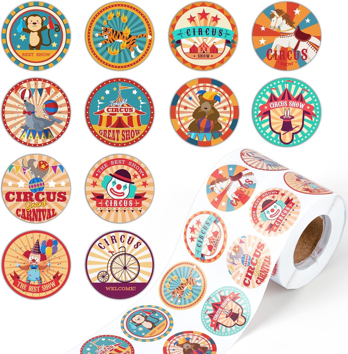 1200Pcs Carnival Circus Sticker Rolls Retro Animal Clown Self Adhesive Label for Themed Party Favors Envelope Seals Decoration GiftWrap Supplies 12 Styles