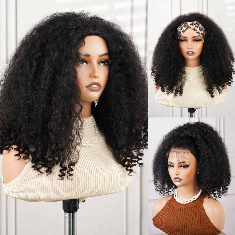 QVR Glueless Water Wave Half Wig 250% Density Human Hair Wig Natural Black Wear Go Flip Over Wig