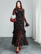 Women's Gothic Elegant Sexy Mesh Splicing Colorful Print Retro Petal Sleeves Ruffle Mermaid Hem Double Layer Dress