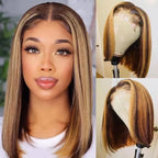 QVR Piano Highlights Color 13x4 4x4 Lace Closure Short Bob Wigs Honey Blonde Straight Human Hair Wig
