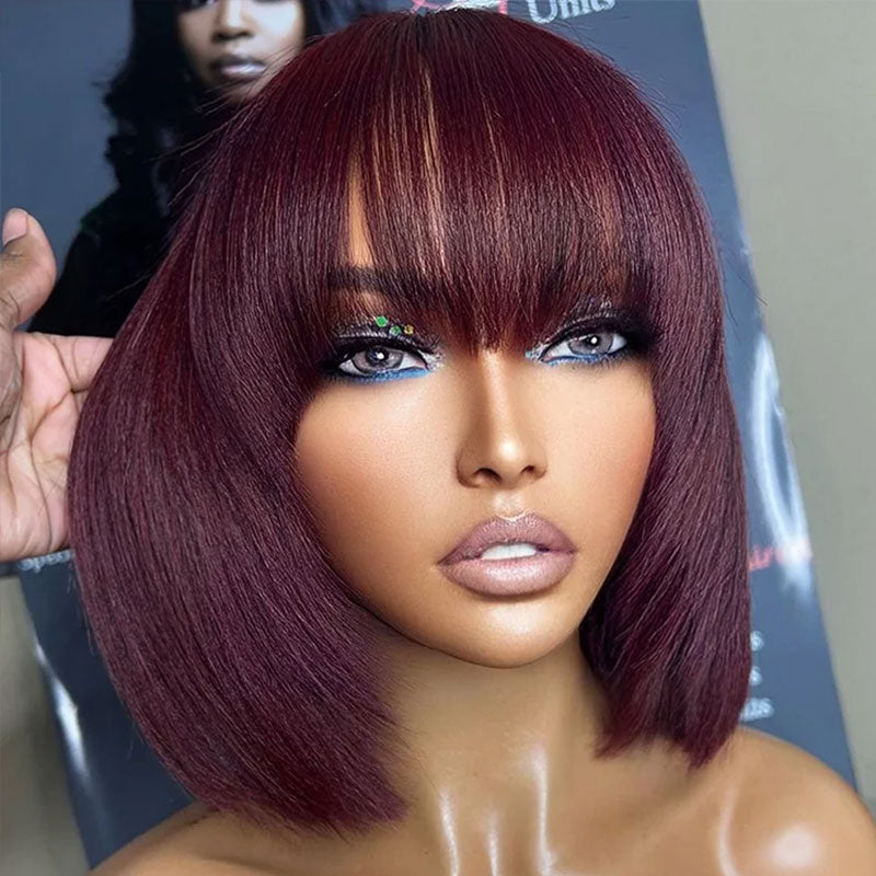 QVR Silk Straight 99J Color Machine Made Bob Wig With Bangs Straight Human Hair Wigs No Lace