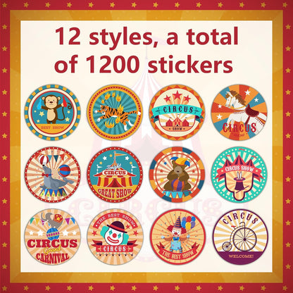 1200Pcs Carnival Circus Sticker Rolls Retro Animal Clown Self Adhesive Label for Themed Party Favors Envelope Seals Decoration GiftWrap Supplies 12 Styles
