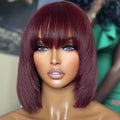 QVR Silk Straight 99J Color Machine Made Bob Wig With Bangs Straight Human Hair Wigs No Lace