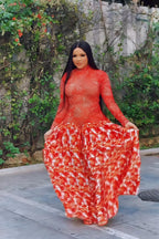 Vibrant Red Sheer Floral Maxi Dress
