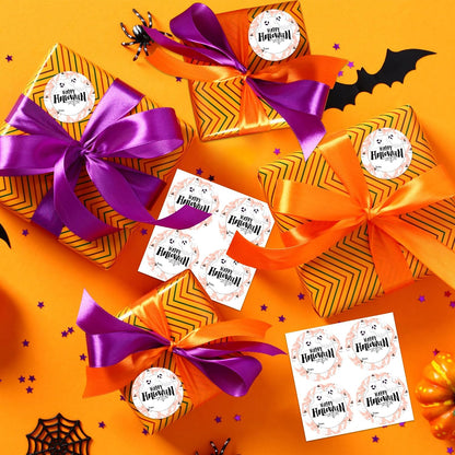 200 PCS 2 in Happy Halloween Stickers, Cute Ghost from Name Stickers Happy Halloween Gifts Sticker for Candy Bags Envelope Seals Gifts Greeting Cards Wrap Holiday Party Decorations