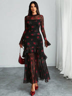 Women's Gothic Elegant Sexy Mesh Splicing Colorful Print Retro Petal Sleeves Ruffle Mermaid Hem Double Layer Dress