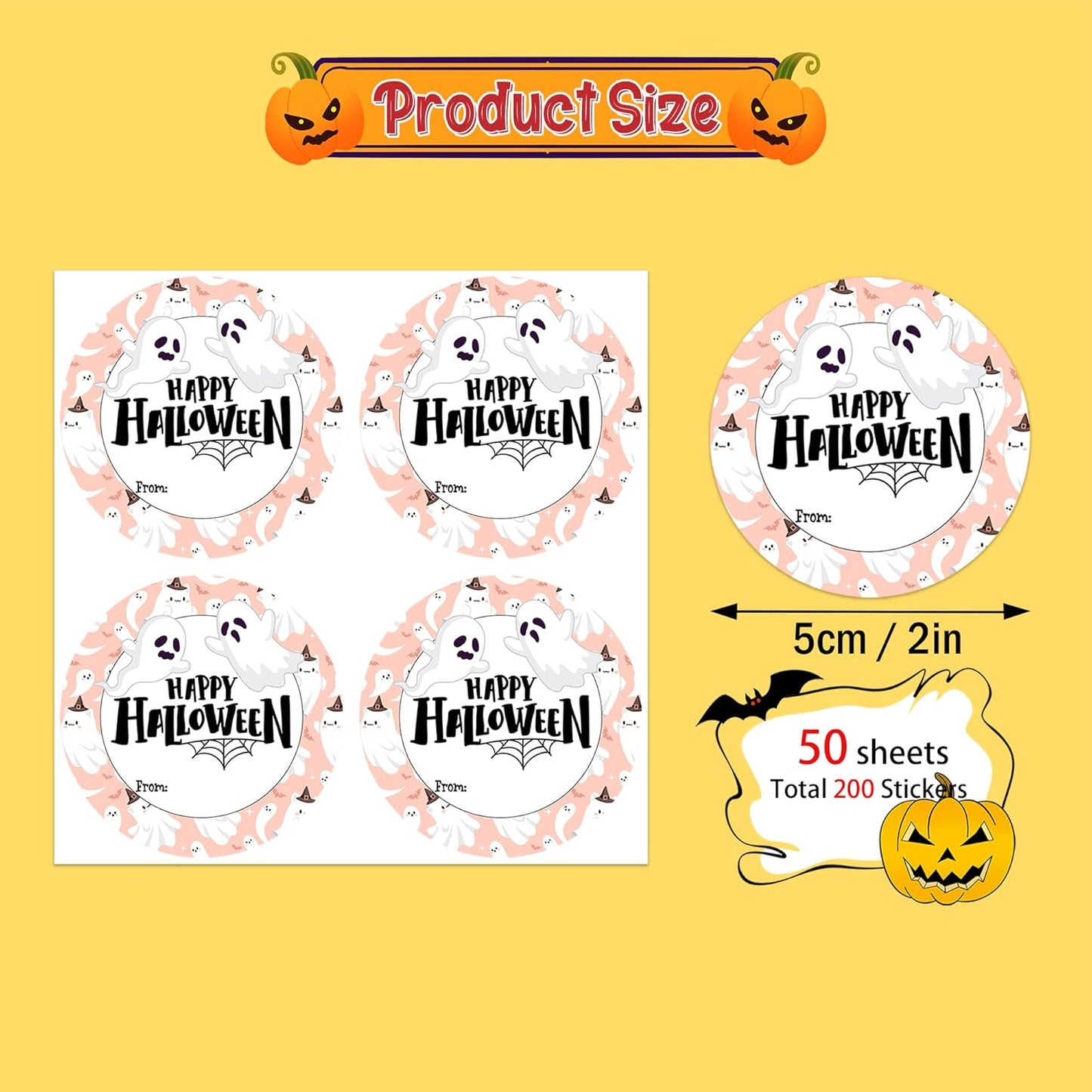 200 PCS 2 in Happy Halloween Stickers, Cute Ghost from Name Stickers Happy Halloween Gifts Sticker for Candy Bags Envelope Seals Gifts Greeting Cards Wrap Holiday Party Decorations