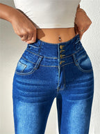 Women's Denim Button High Waist Washed Skinny Trousers