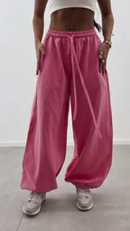 Women Drawstring Solid Color Sports Casual Wide Leg Pants
