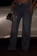Women Hot Rhinestone and Washed Casual Jeans