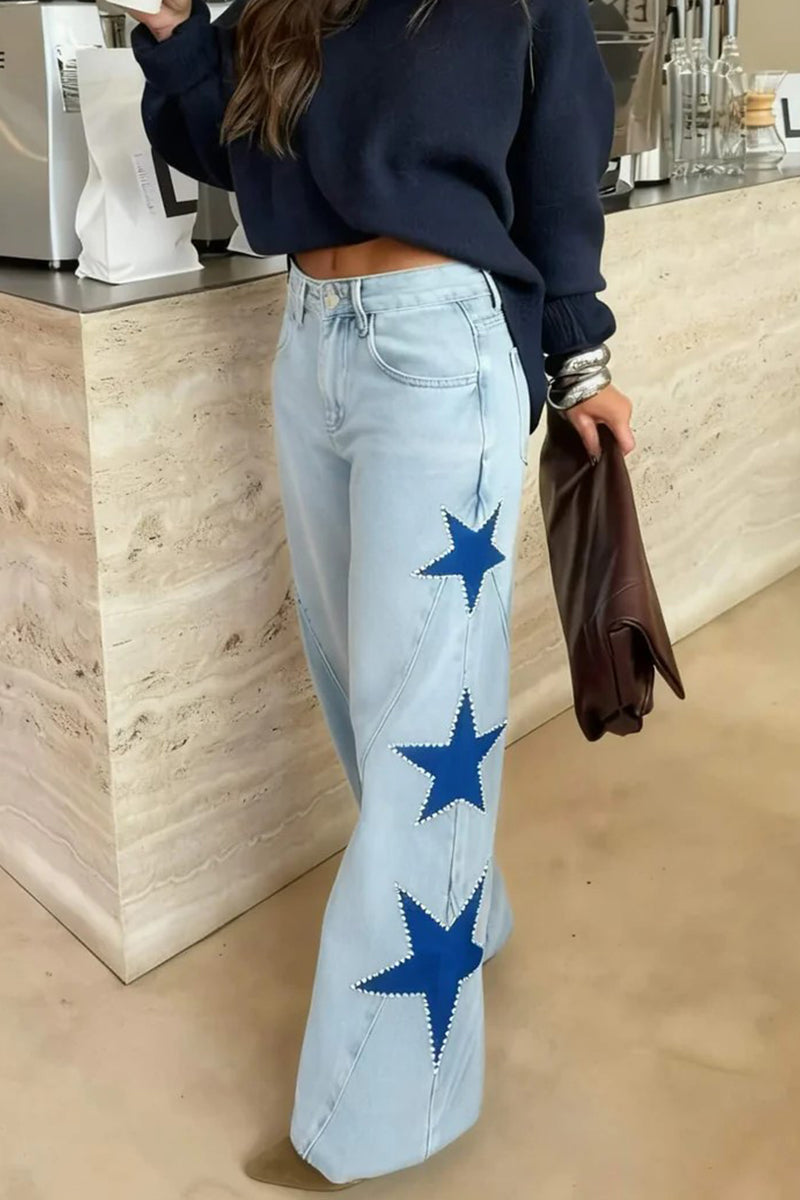 Women Patchwork Star Printed Rhinestone Casual Jeans
