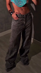 Women Rhinestone Washed Casual Jeans