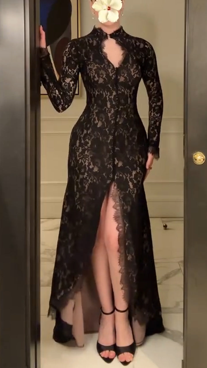 Women Round Neck Printed Slit Elegant Temperament Dress