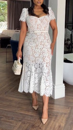 Women Square Collar Lace Printed Elegant Casual Dress