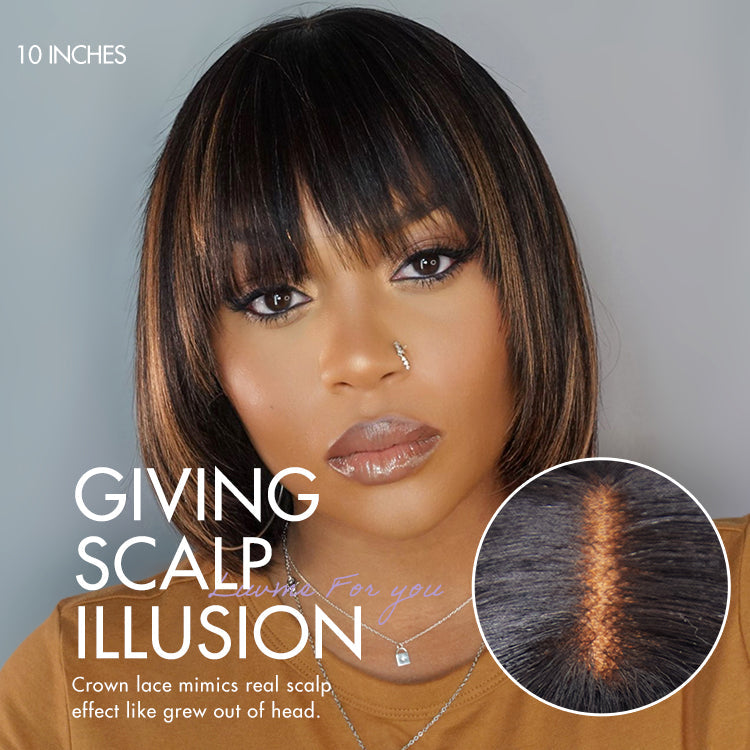 Put On and Go Ash Blonde Highlight / Brown Highlight / Natural Black Layered Cut Yaki Straight Minimalist Lace Bob Wig