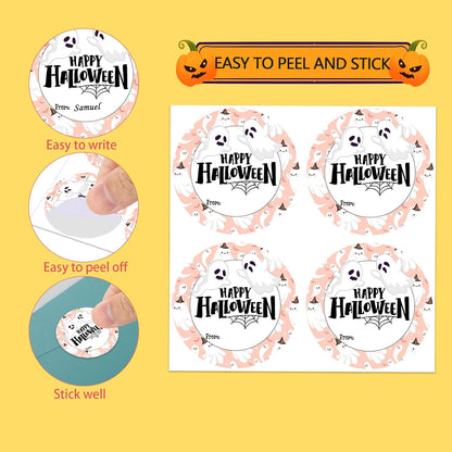 200 PCS 2 in Happy Halloween Stickers, Cute Ghost from Name Stickers Happy Halloween Gifts Sticker for Candy Bags Envelope Seals Gifts Greeting Cards Wrap Holiday Party Decorations