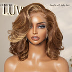 PreMax Wigs - Honey Brown with Blonde Highlights / Natural Black Bouncy Body Wave Glueless 13x4 Frontal Lace Human Hair Wig