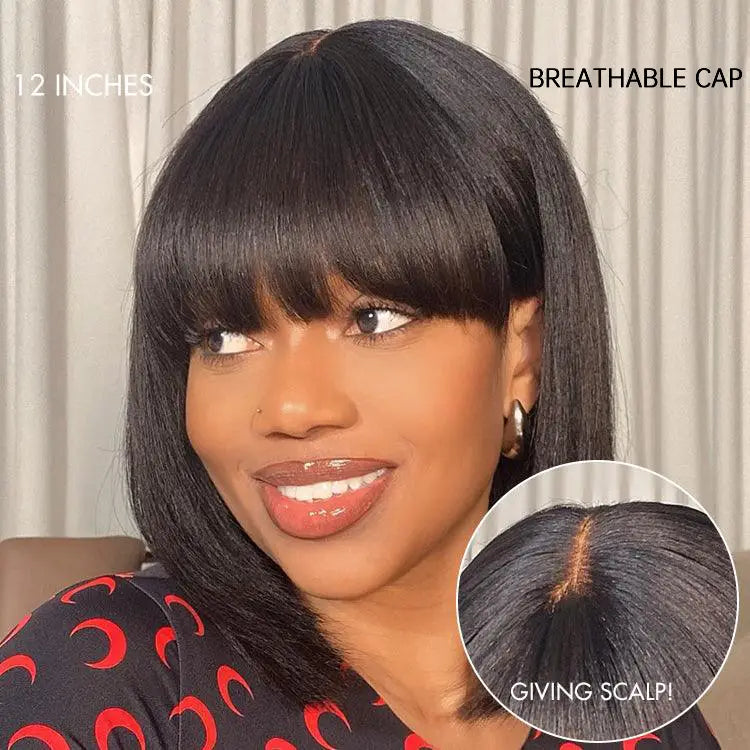 Put On and Go Ash Blonde Highlight / Brown Highlight / Natural Black Layered Cut Yaki Straight Minimalist Lace Bob Wig