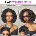 Brown Highlight / Jet Black Short Cut Slicked Back Curly Ear-to-ear Wide T Lace Wig