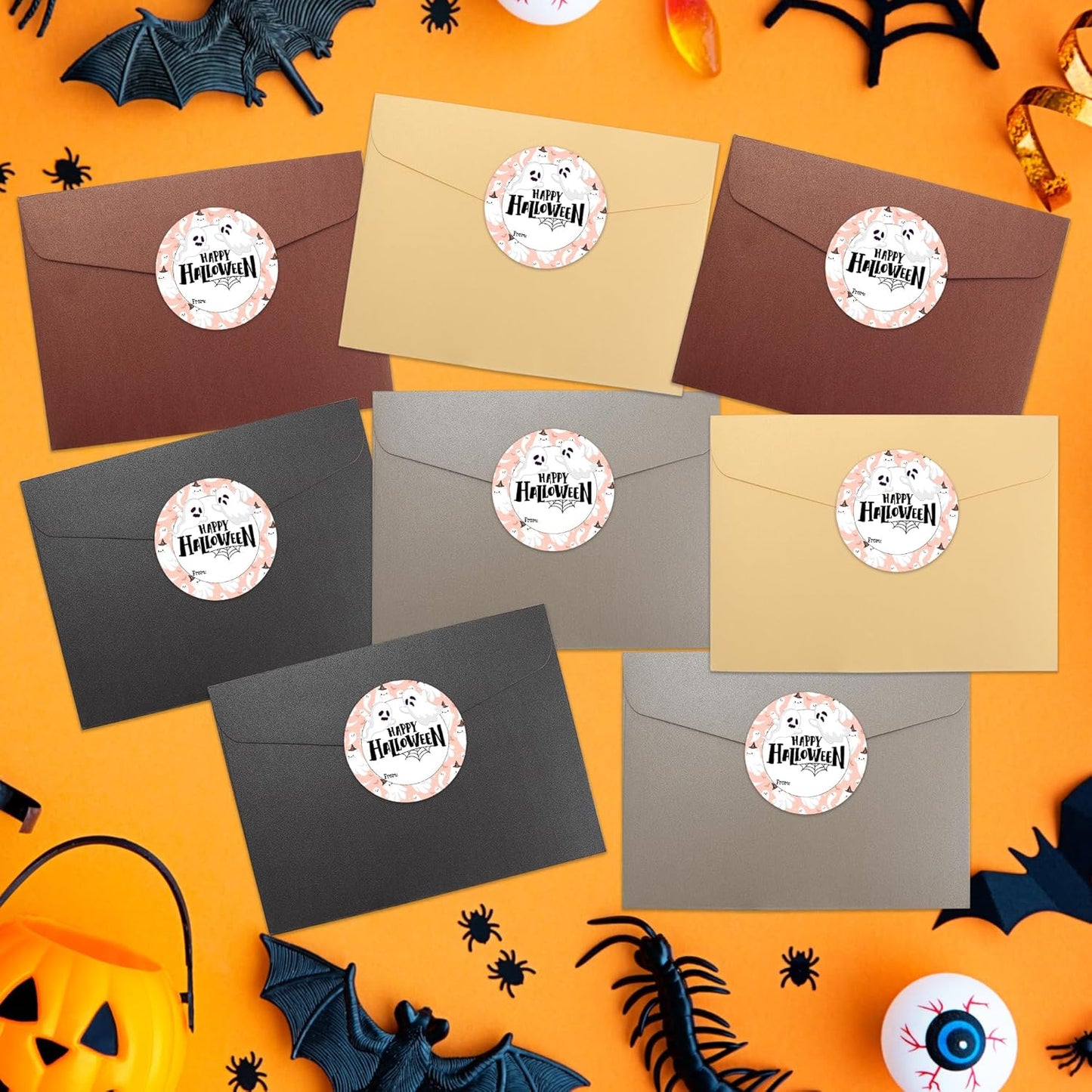 200 PCS 2 in Happy Halloween Stickers, Cute Ghost from Name Stickers Happy Halloween Gifts Sticker for Candy Bags Envelope Seals Gifts Greeting Cards Wrap Holiday Party Decorations