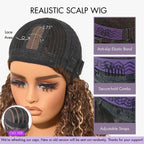 1 SEC INSTALL WIG | Brown Highlight / Natural Black Water Wave Natural Scalp Glueless Minimalist Lace Short Curly Wig with Bangs