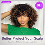 1 SEC INSTALL WIG | Brown Highlight / Natural Black Water Wave Natural Scalp Glueless Minimalist Lace Short Curly Wig with Bangs