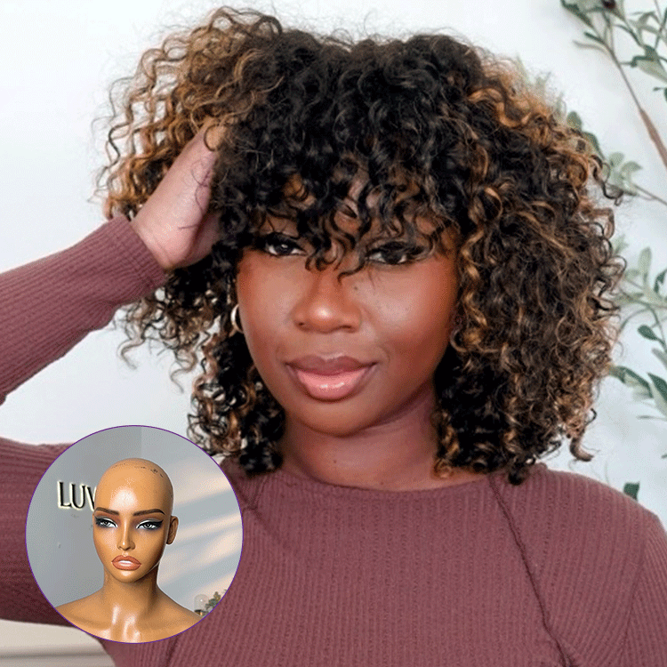 1 SEC INSTALL WIG | Brown Highlight / Natural Black Water Wave Natural Scalp Glueless Minimalist Lace Short Curly Wig with Bangs