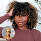 1 SEC INSTALL WIG | Brown Highlight / Natural Black Water Wave Natural Scalp Glueless Minimalist Lace Short Curly Wig with Bangs