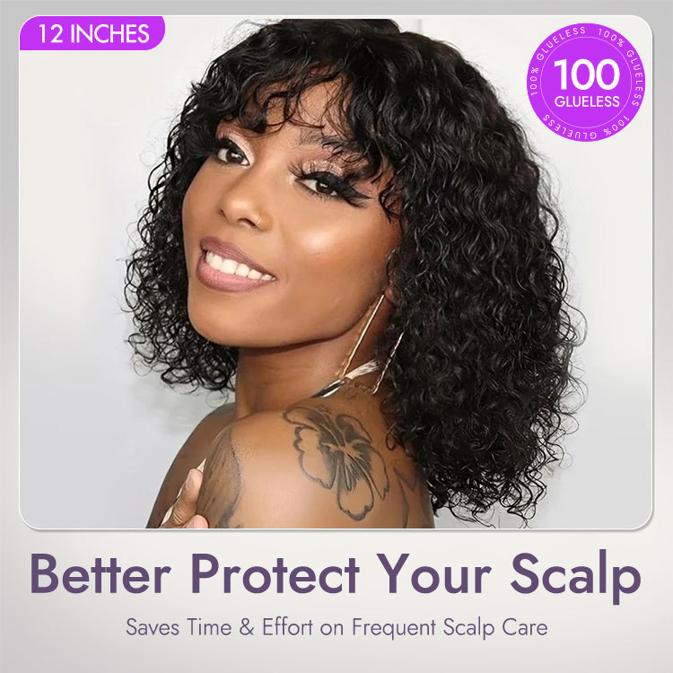 1 SEC INSTALL WIG | Brown Highlight / Natural Black Water Wave Natural Scalp Glueless Minimalist Lace Short Curly Wig with Bangs