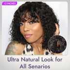 1 SEC INSTALL WIG | Brown Highlight / Natural Black Water Wave Natural Scalp Glueless Minimalist Lace Short Curly Wig with Bangs