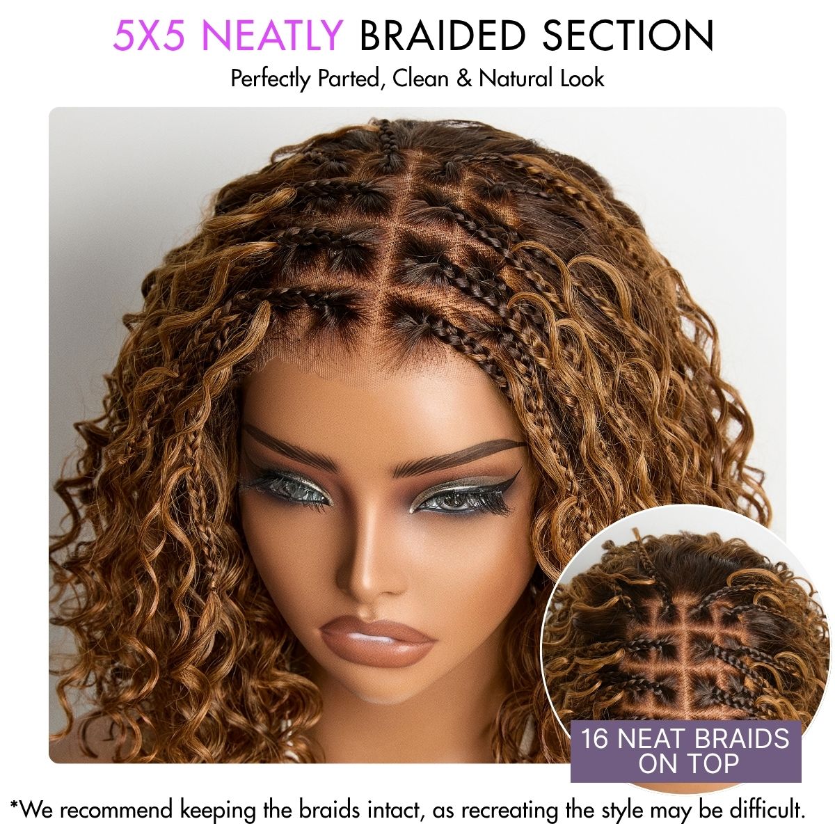 Readitress™ Ombre Brown Highlight Boho Braids Deep Curly Glueless 5x5 Closure Lace with Braided Top Human Hair Wig Pre-Cut Lace