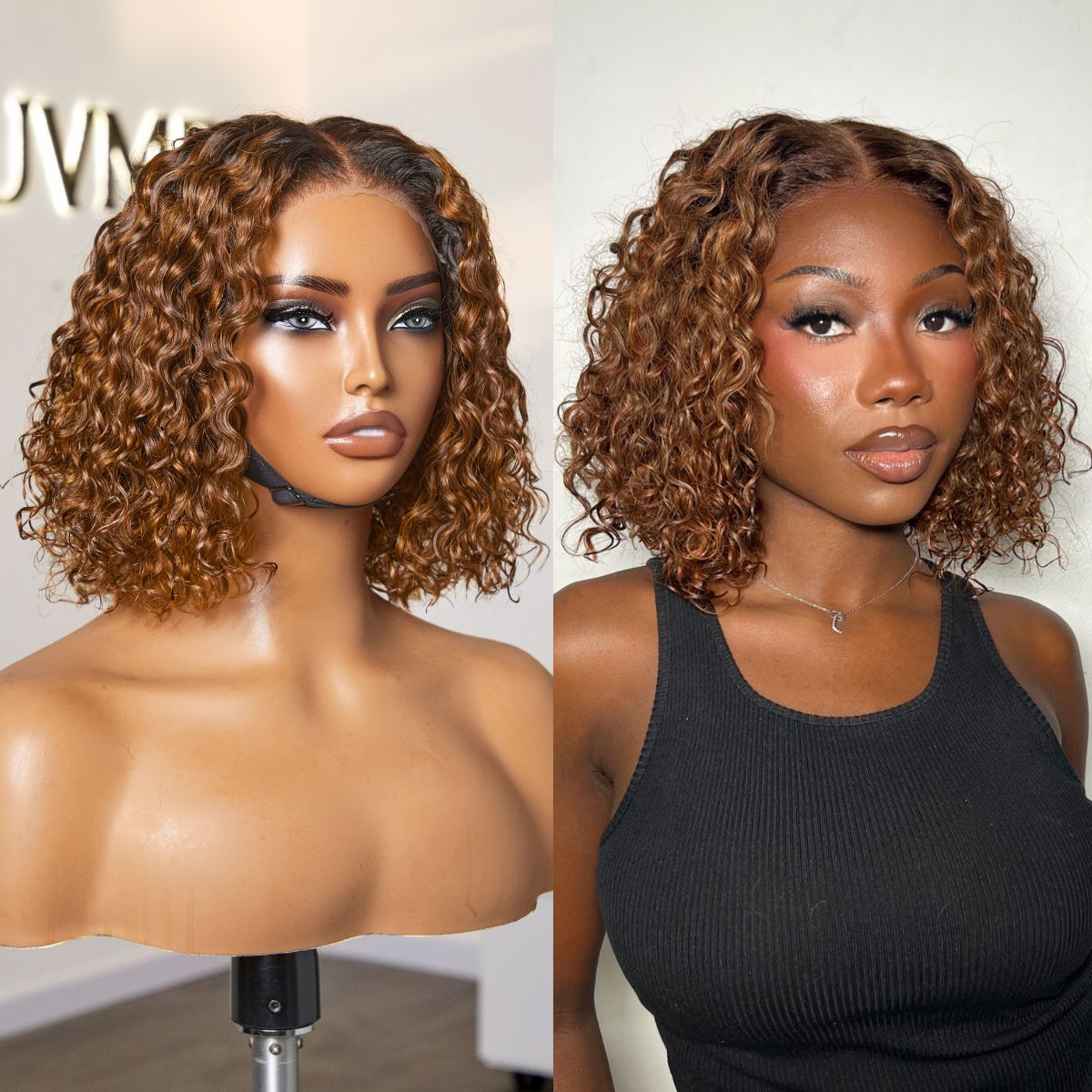 Warm Caramel Brown / Natural Black Deep Curly Glueless 5x5 Closure Pre-Cut Lace Wig
